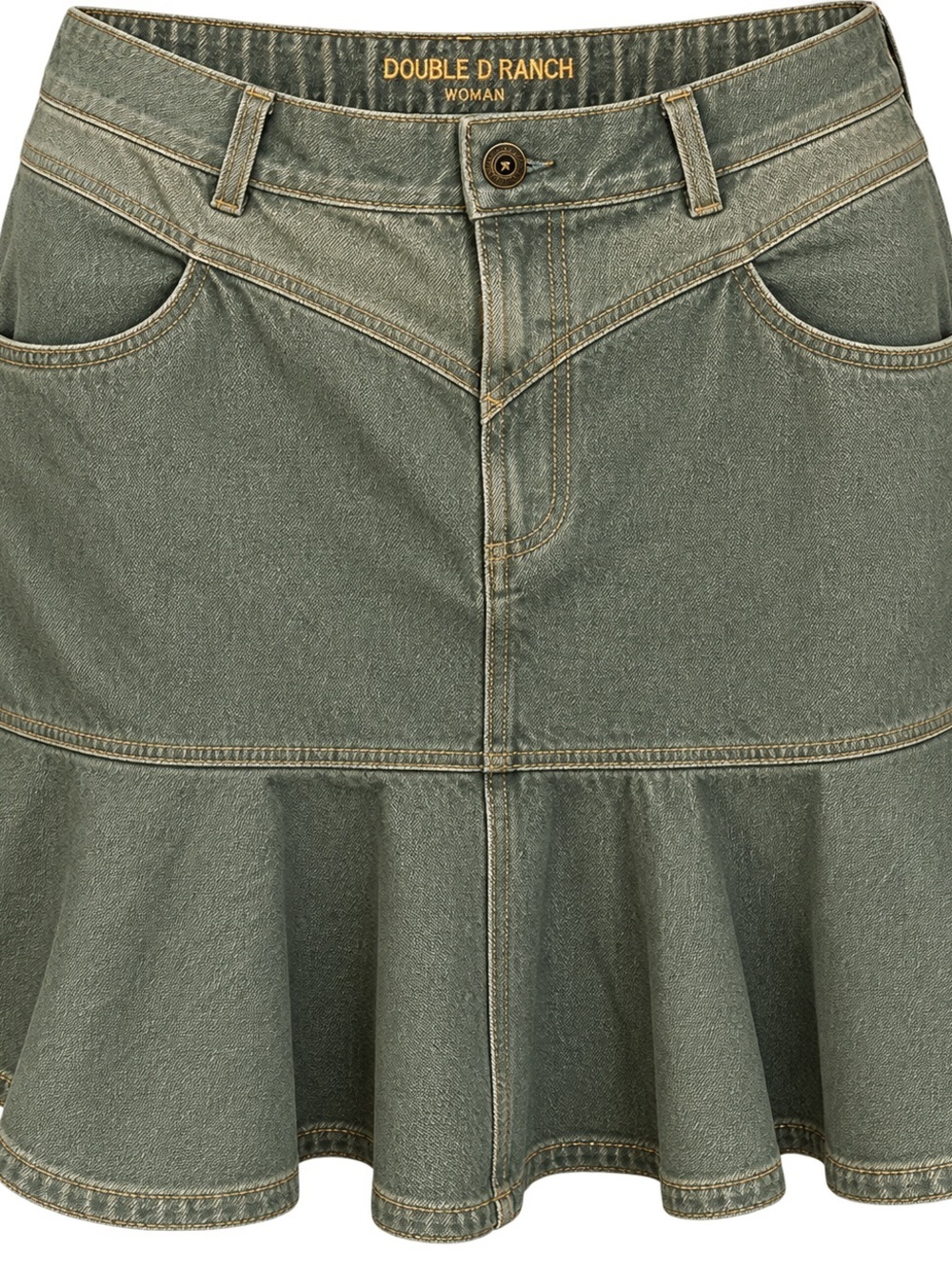 DOUBLE D RANCH Woman Root n Tootin Ruffle Denim Skirt 2X Olive Green